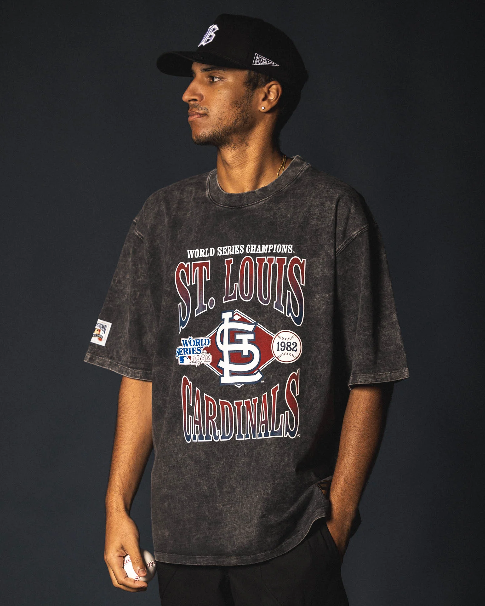 World Series 1982 Vintage Relaxed Fit T-Shirt (Black Acid Wash) - St. Louis Cardinals - Image 3